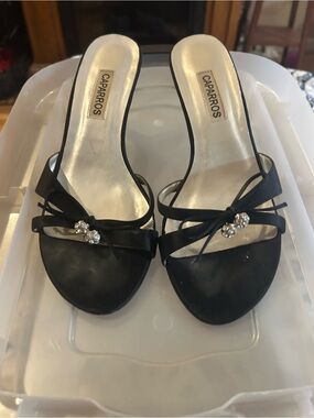 Caparros Black Satin Slide kitten heels with Rhinestone Bow